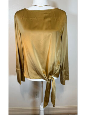 Cinq à Sept Gold Silk Blouse M, voluminous tie.